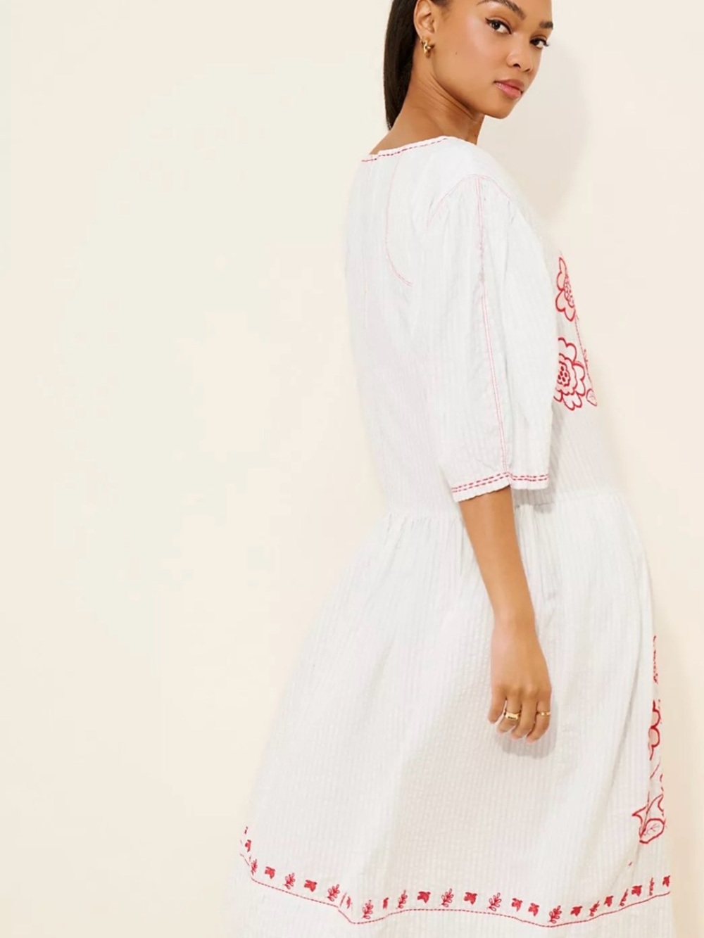 Free People Sagatuck midi White Dress with Red Floral Embroidery - Picture 2 of 10